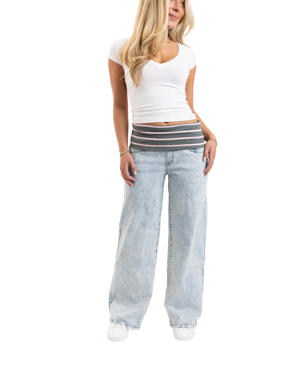 Em + Cass Wide Leg Jean with Fold over Waist - Light Wash