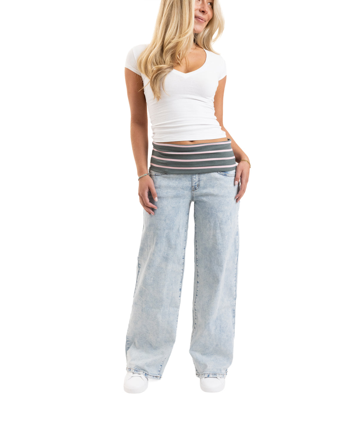 Em + Cass Wide Leg Jean with Fold over Waist - Light Wash